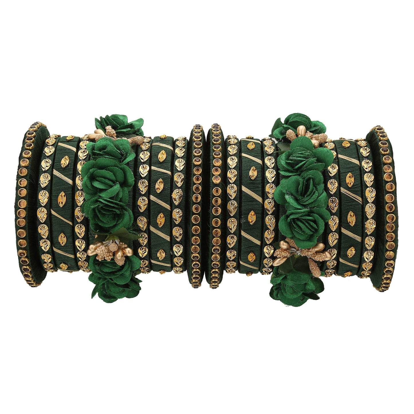 sukriti stylish handmade bottle-green flower designer silk thread plastic bridal chuda wedding bangles for women – set of 18