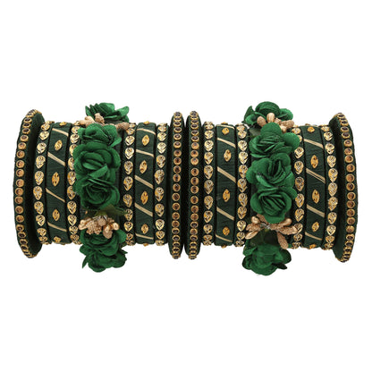 sukriti stylish handmade bottle-green flower designer silk thread plastic bridal chuda wedding bangles for women – set of 18