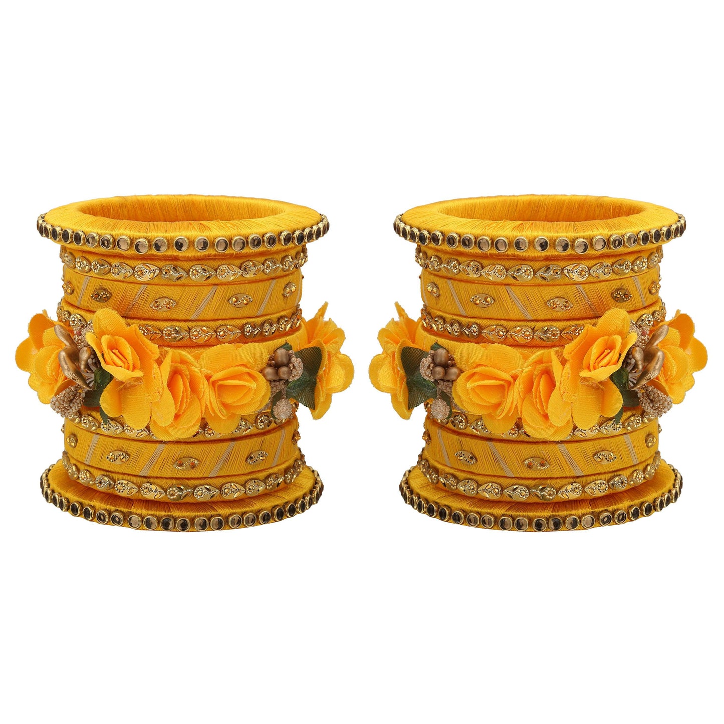 sukriti stylish handmade yellow flower designer silk thread plastic bridal chuda wedding bangles for women – set of 18