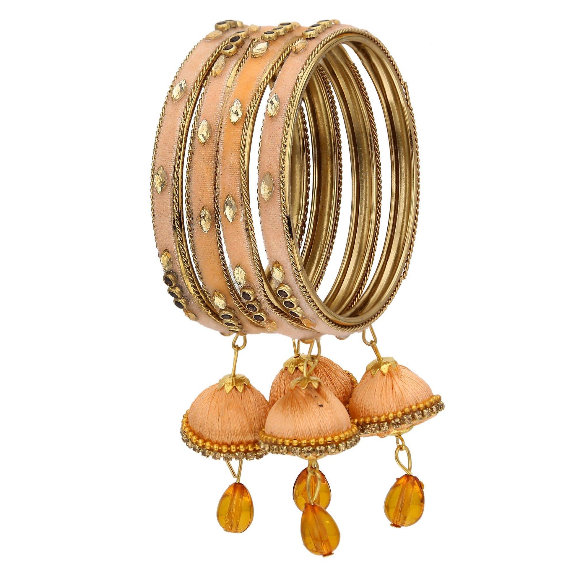 sukriti trendy designer silk thread tassel latkan velvet peach bangle for girls & women–set of 4