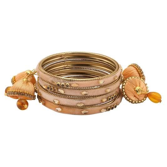 sukriti trendy designer silk thread tassel latkan velvet peach bangle for girls & women–set of 4